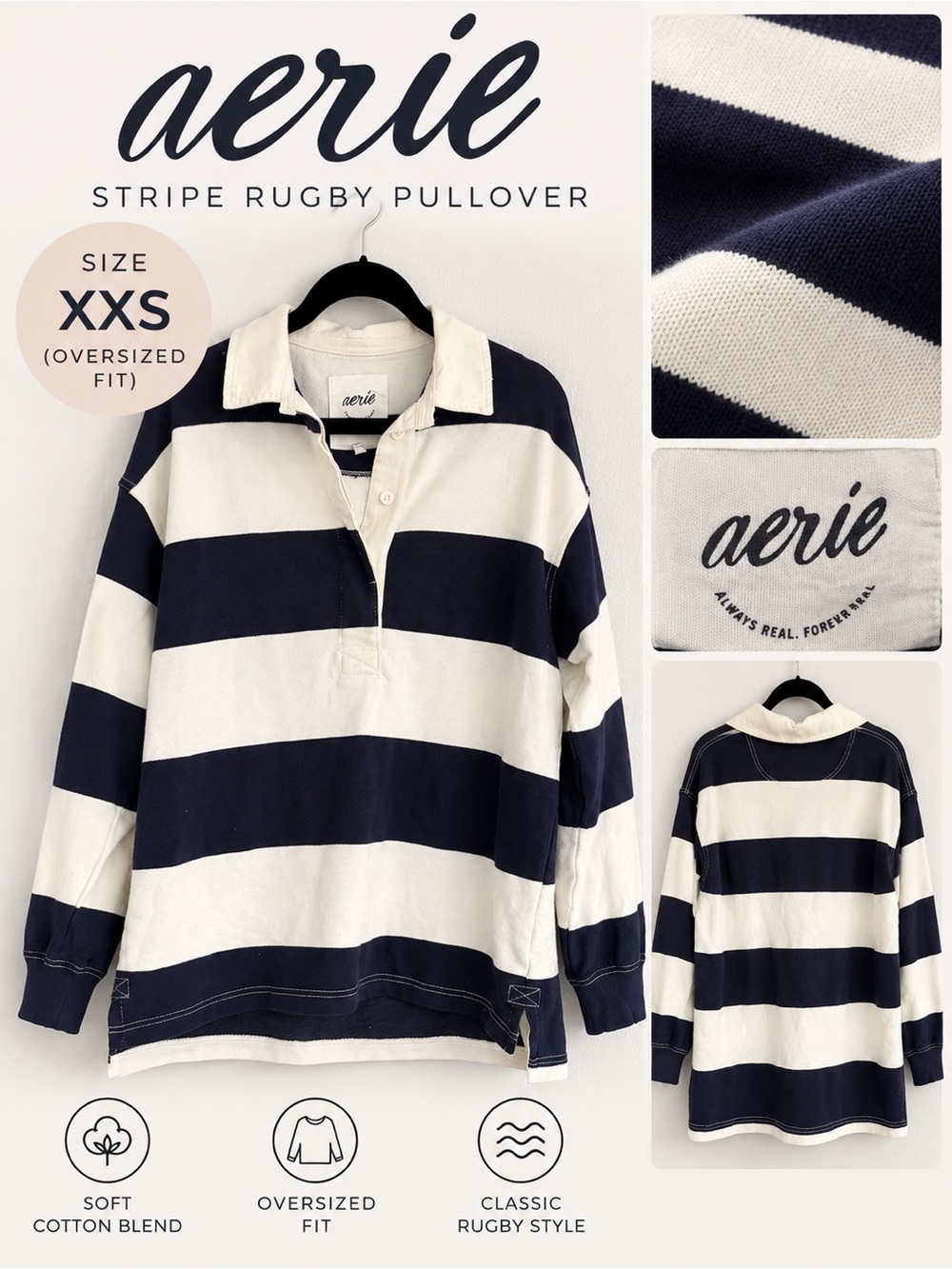 Aerie Oversized Striped Rugby Pullover XXS Navy Cream Preppy